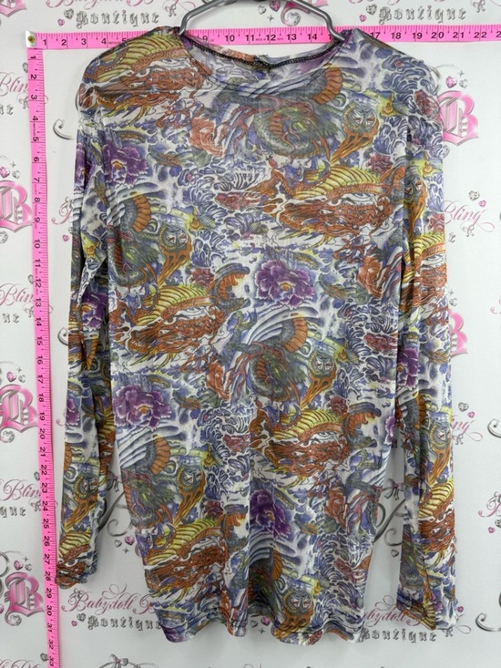 Tops - Long Sleeve mesh Floral & Dragon Print tattoo style Top - Purple, Orange, Green